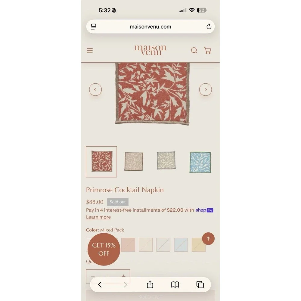 Maison Venu Primrose Cocktail Napkins Cotton Napkin Set Of 4 $88